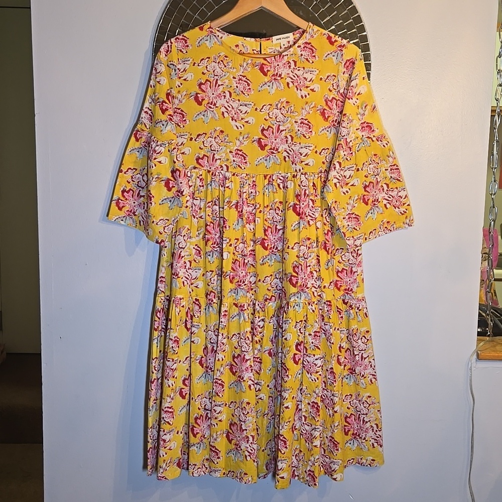 Jane Valken Cotton Floral A-Line Teired 3/4 Belled Sleeved Midi Dress NWOT